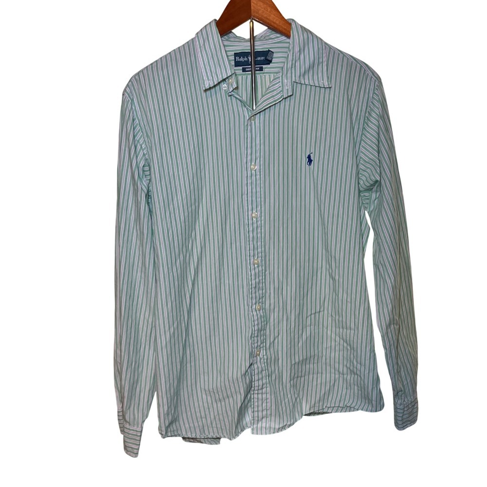 Ralph Lauren Button Down Shirt Mens Large Green Striped Custom Fit
